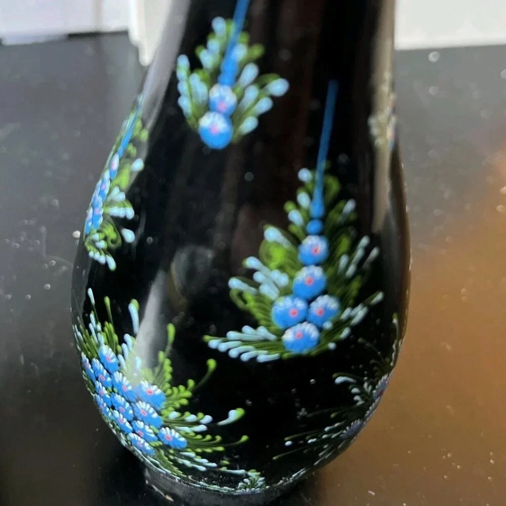 Vintage Japanese Black Lacquer Bud Vases Set of 2 Hand Painted Blue Floral